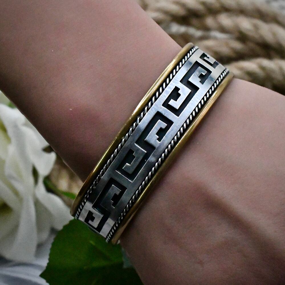 Vintage Taxco Mexico 925 Sterling Silver Greek Key Mixed Metal Cuff Bracelet 38g
